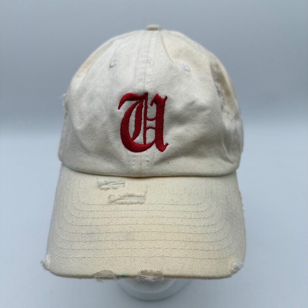 Unruly Ent Distressed Baseball Cap Cream Red Old English U Logo Hat Adjustable